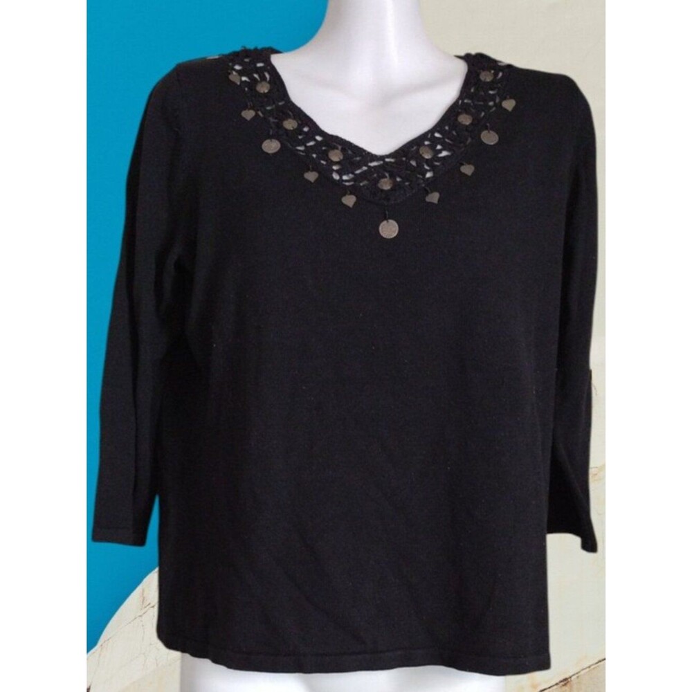 H&M Black Long Sleeve Knit Top with Embellished Medallions V-Neck Size Medium